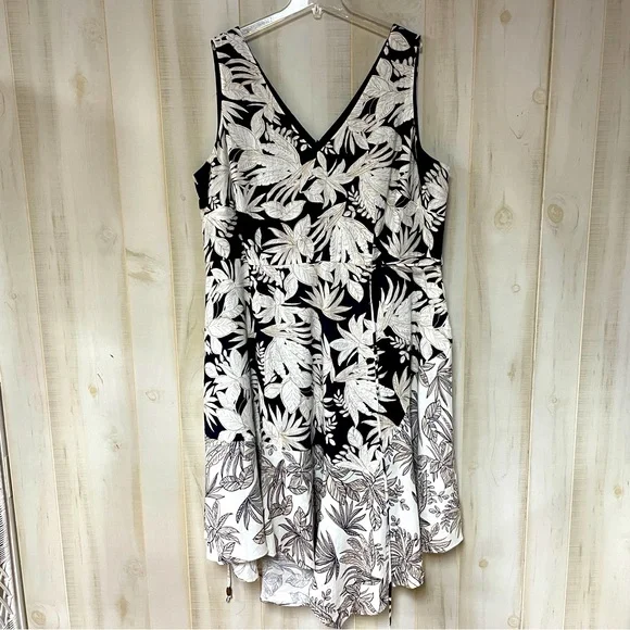 Vince Camuto | Dresses | Vince Camuto Linen Tan Navy White Leaf Palm  Sleeveless V Neck Dress Sz 2w | Poshmark